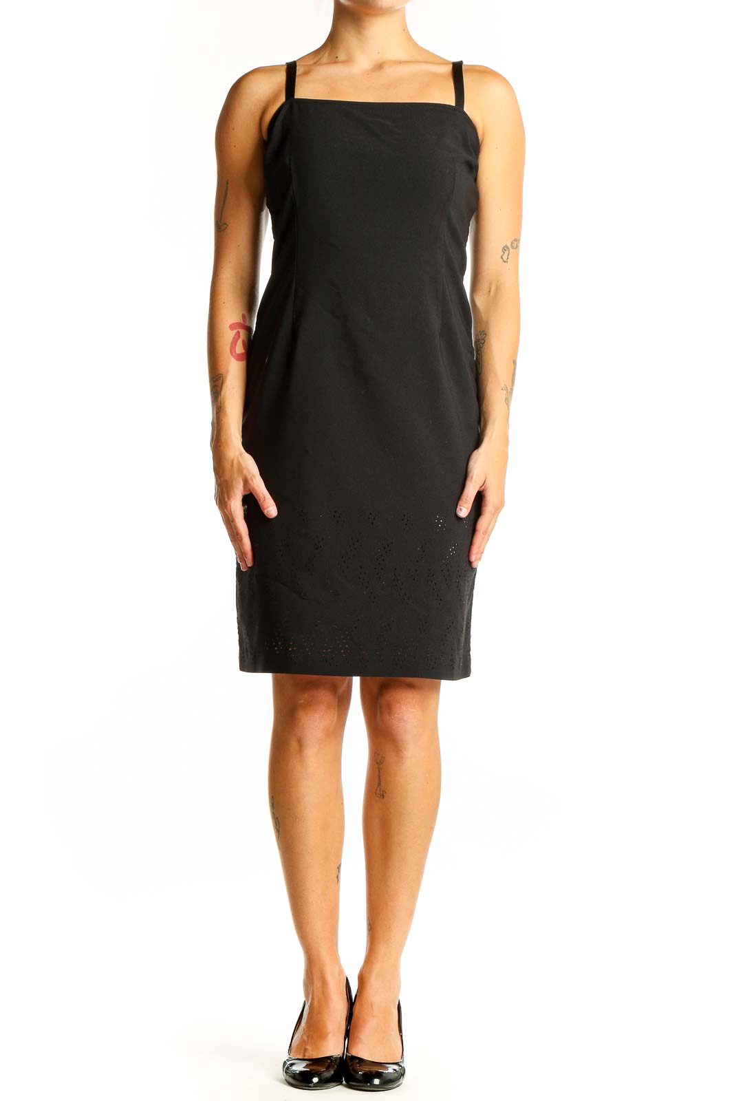 Front view of Cynthia Steffe black sleeveless sheath dress with square neckline