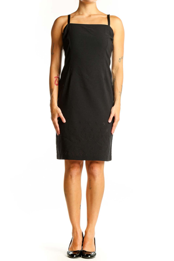 Front view of Cynthia Steffe black sleeveless sheath dress with square neckline