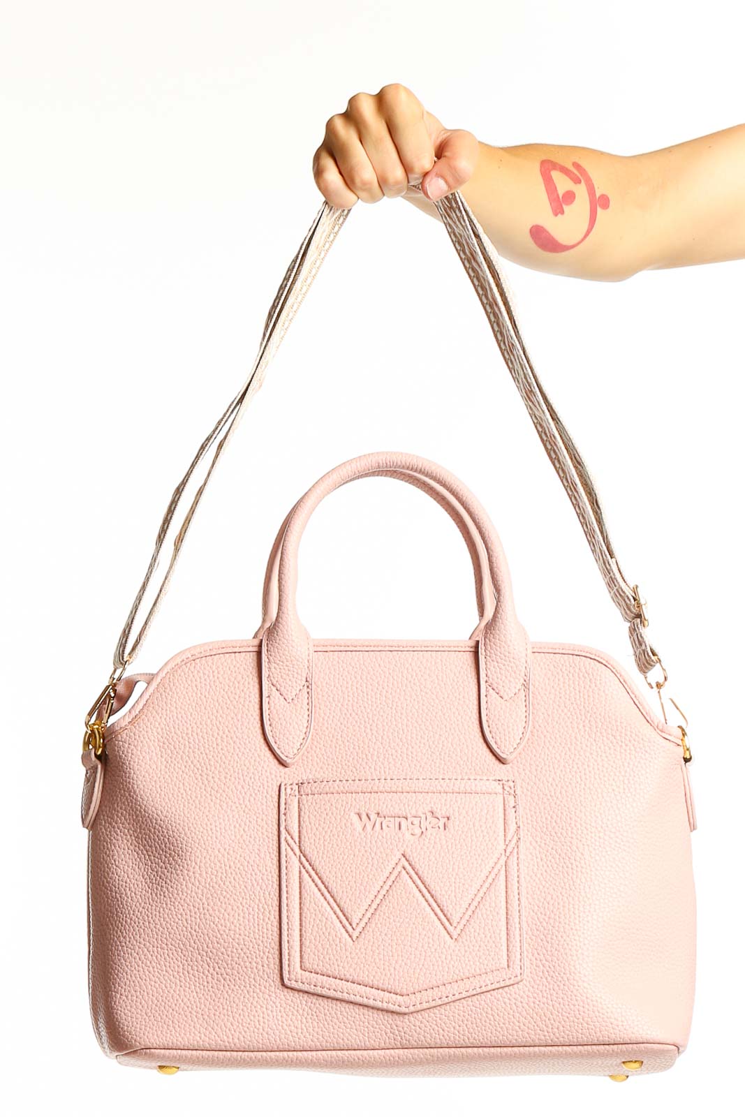 Front view of pink leather Wrangler satchel with W-shaped pocket