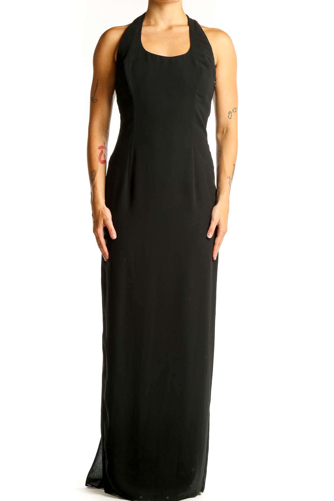 Front view of black Scott McClintock halter neck maxi dress