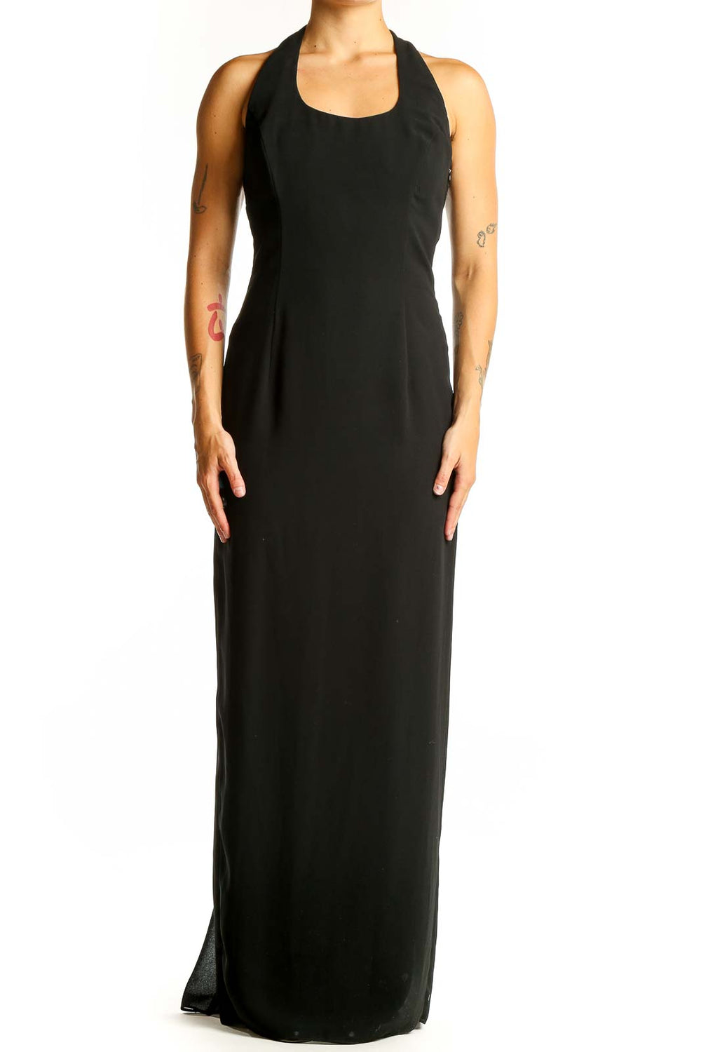 Front view of black Scott McClintock halter neck maxi dress