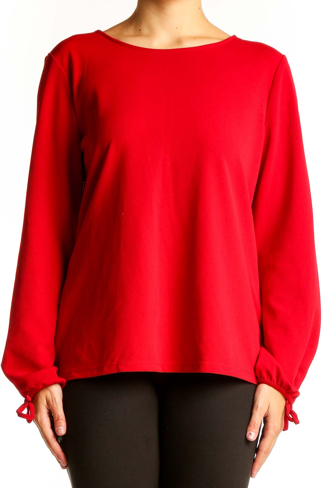 Front view of red Talbots long sleeve blouse with boat neckline