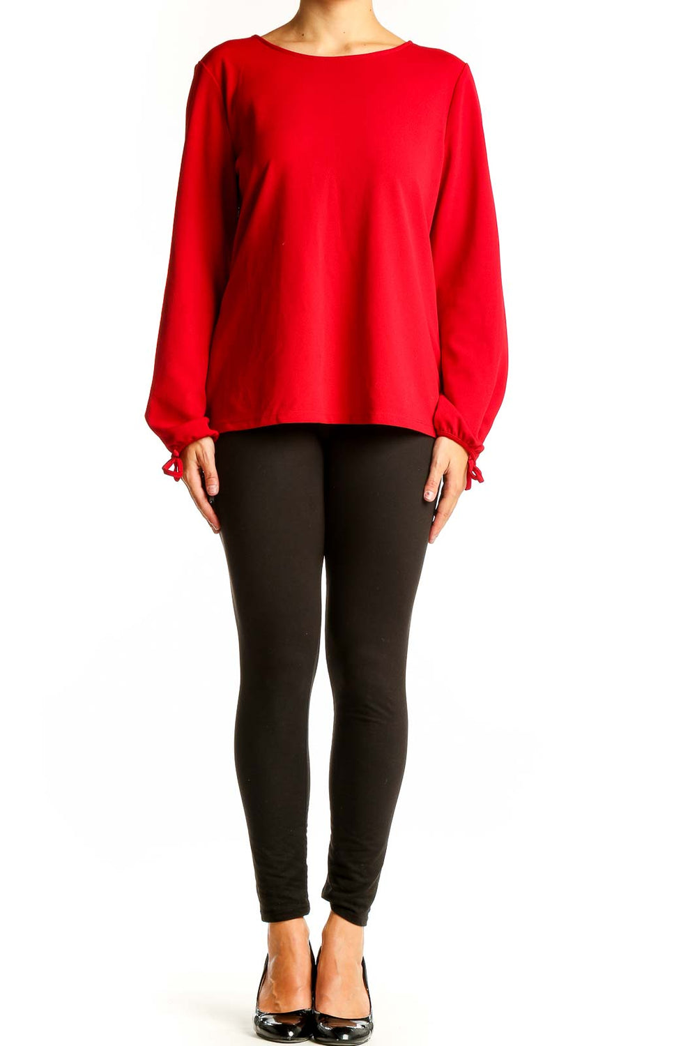 Front view of red Talbots long sleeve blouse with boat neckline