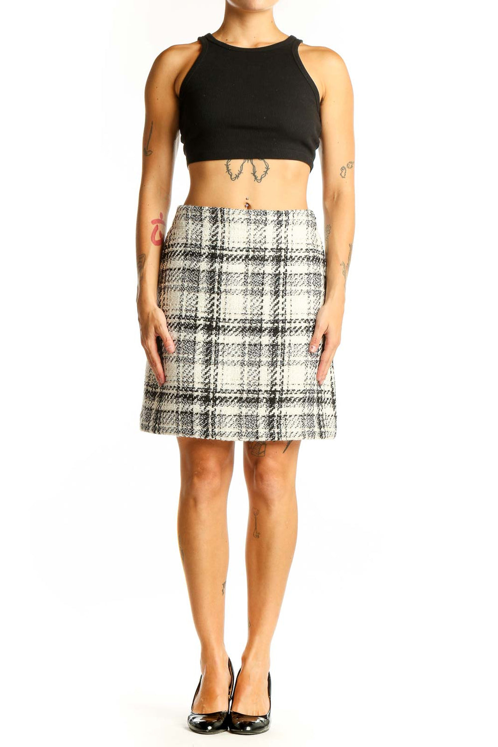Front view of LOFT black and white plaid wool-blend mini skirt