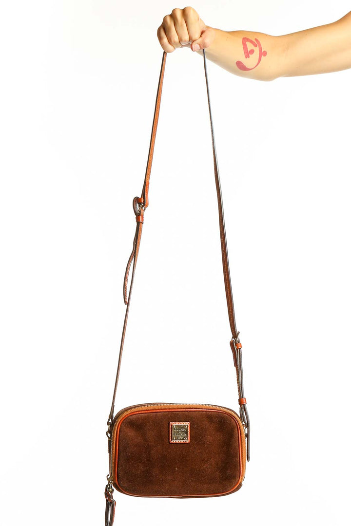 Front view of Dooney & Bourke brown suede leather crossbody bag
