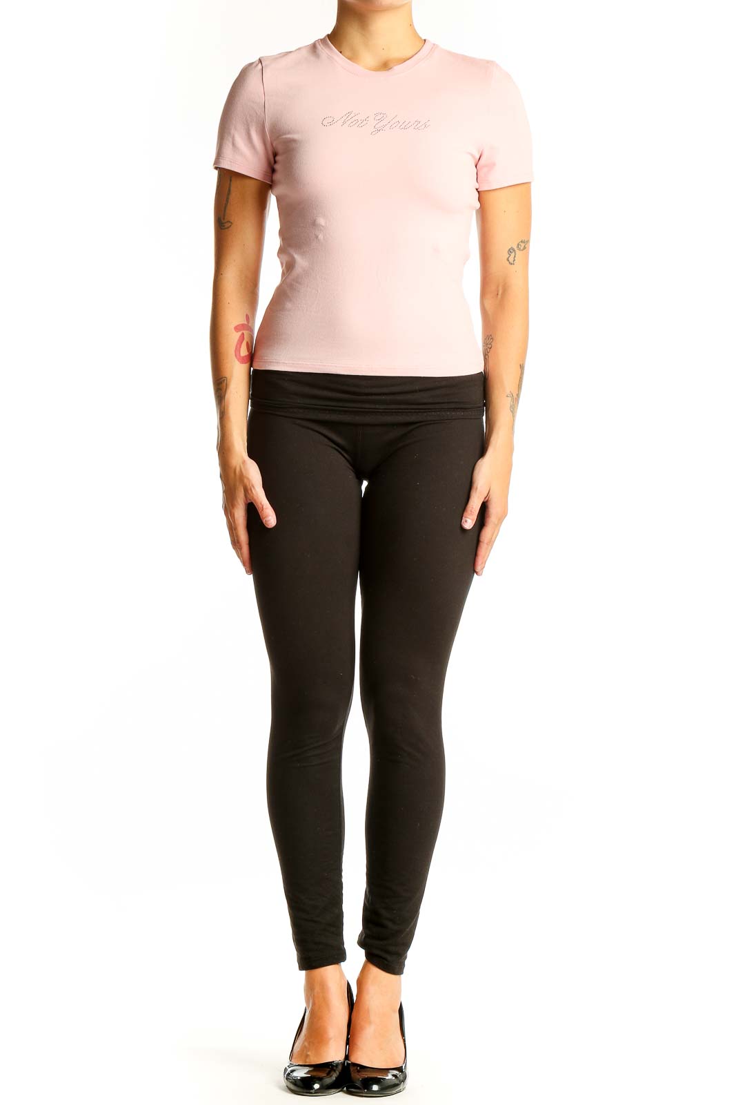 Front view of Pink Victoria's Secret fitted t-shirt in light pink with subtle logo embroidery