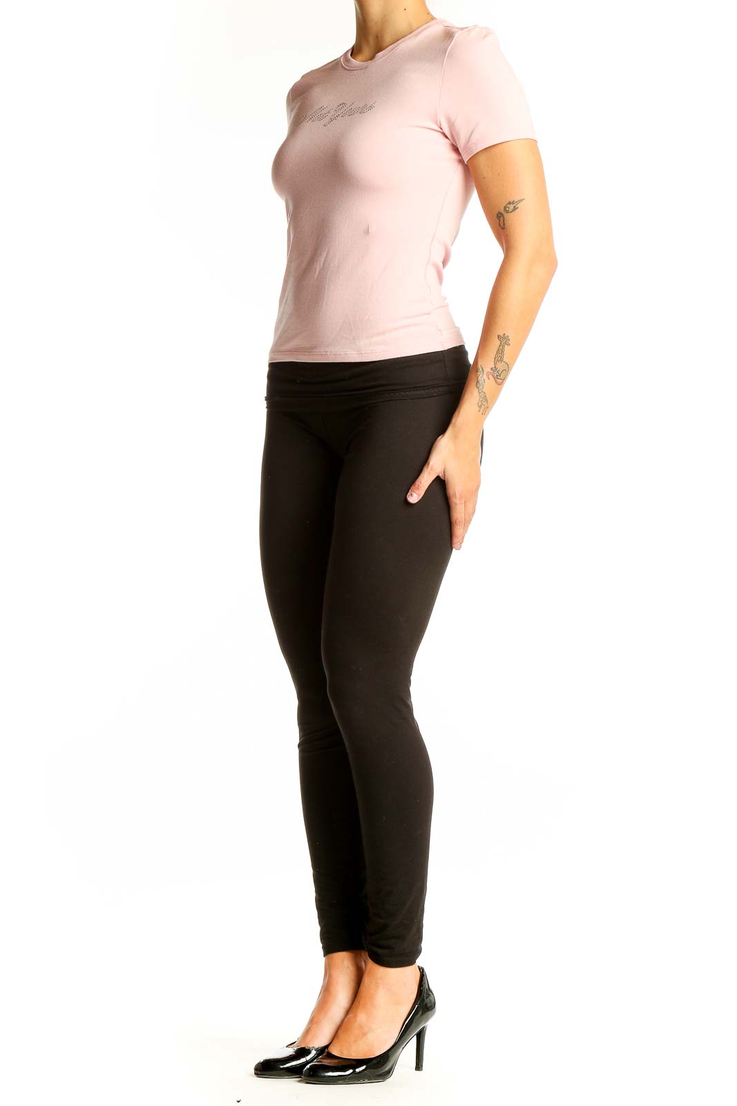 Front view of Pink Victoria's Secret fitted t-shirt in light pink with subtle logo embroidery