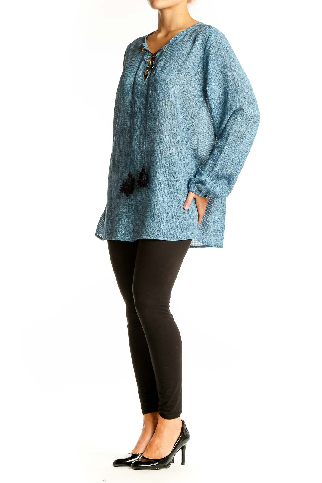 Front view of Michael Kors blue chambray tunic top with lace-up neckline