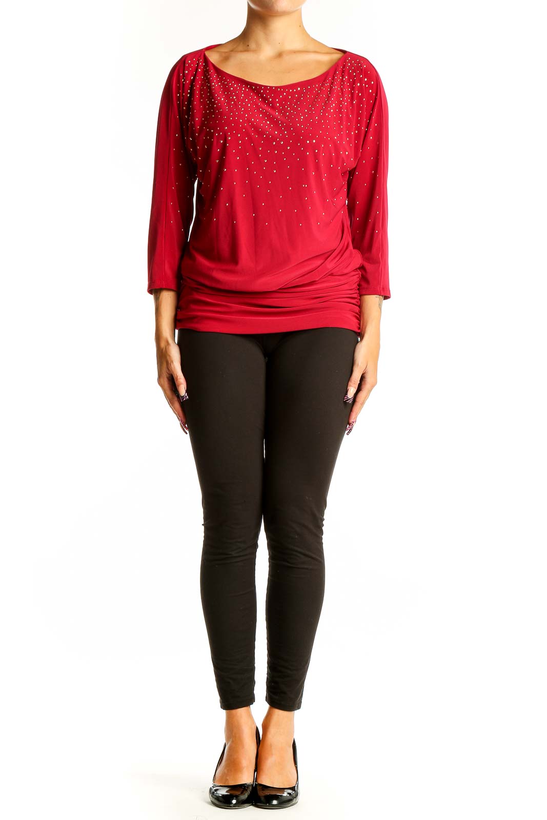 Front view of red sparkly dolman sleeve top from White House Black Market