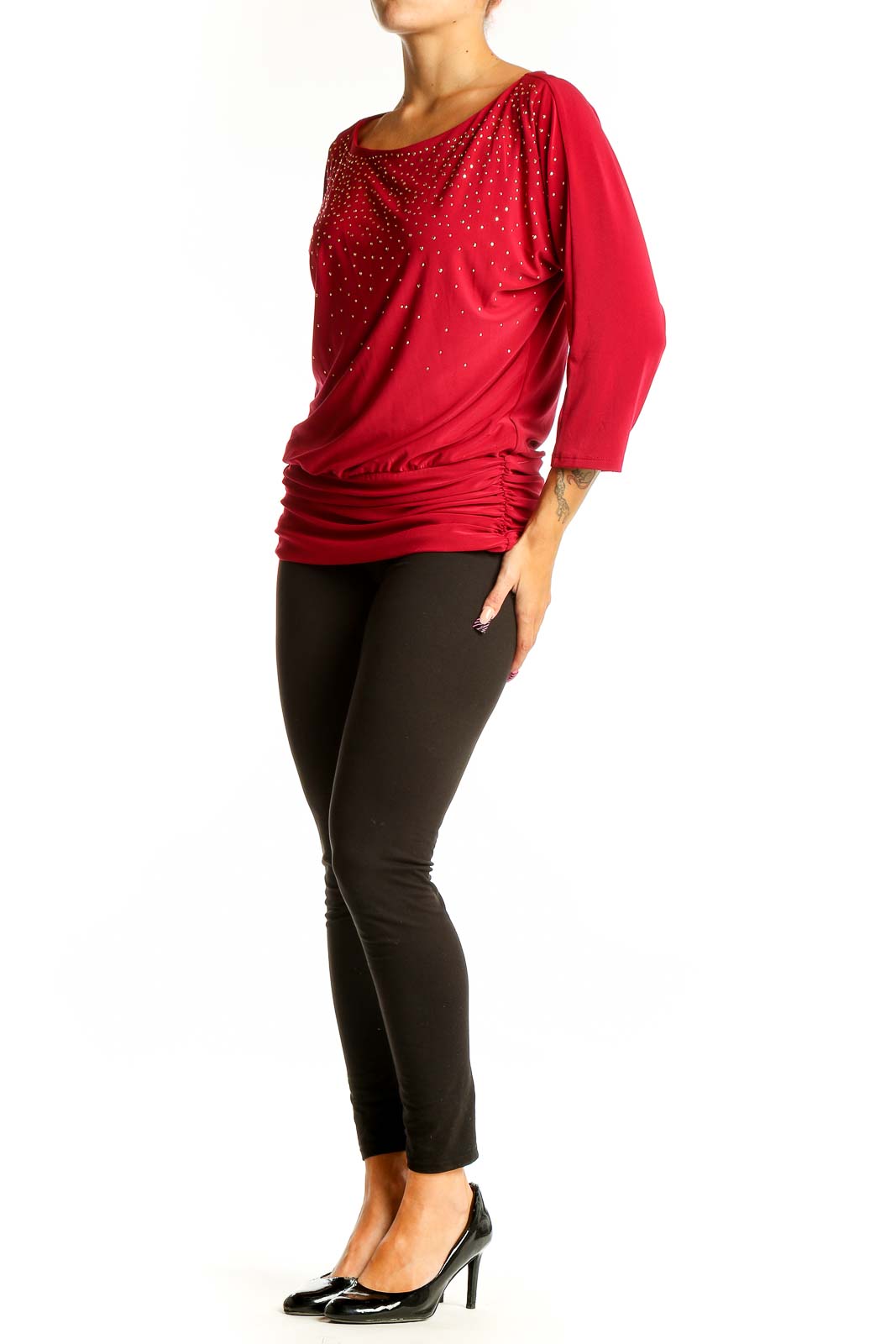 Front view of red sparkly dolman sleeve top from White House Black Market