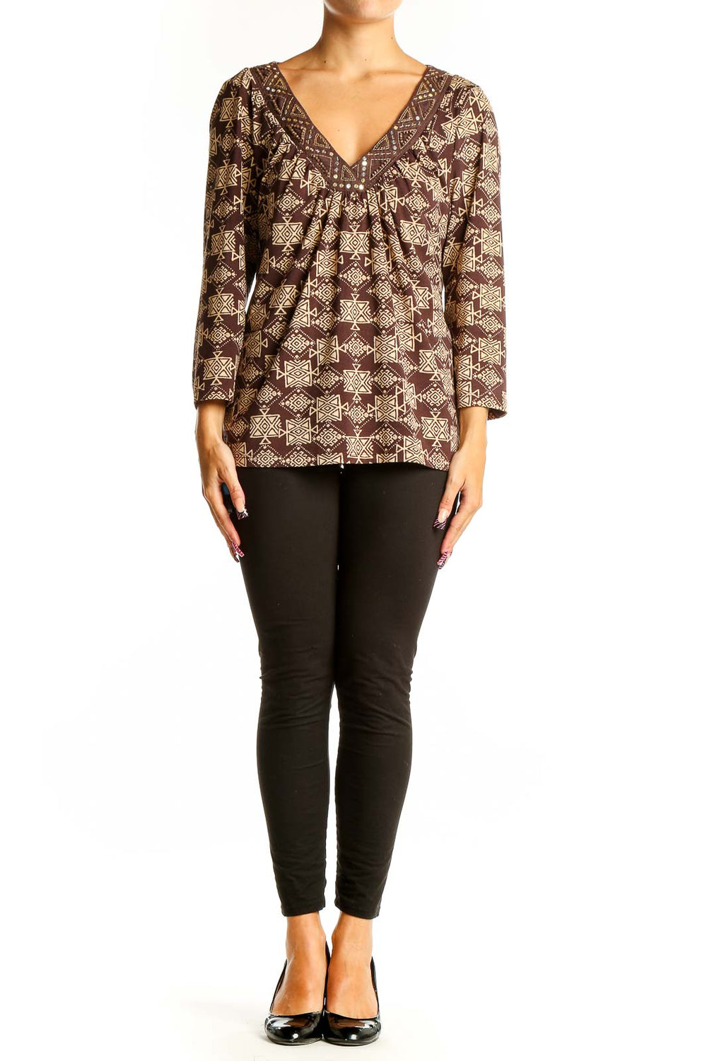 Front view of INC brown geometric print V-neck blouse with 3/4 sleeves