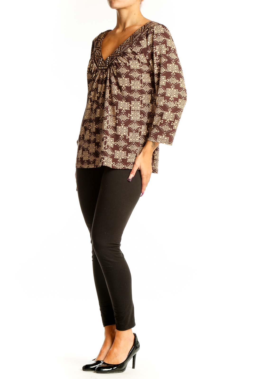 Front view of INC brown geometric print V-neck blouse with 3/4 sleeves