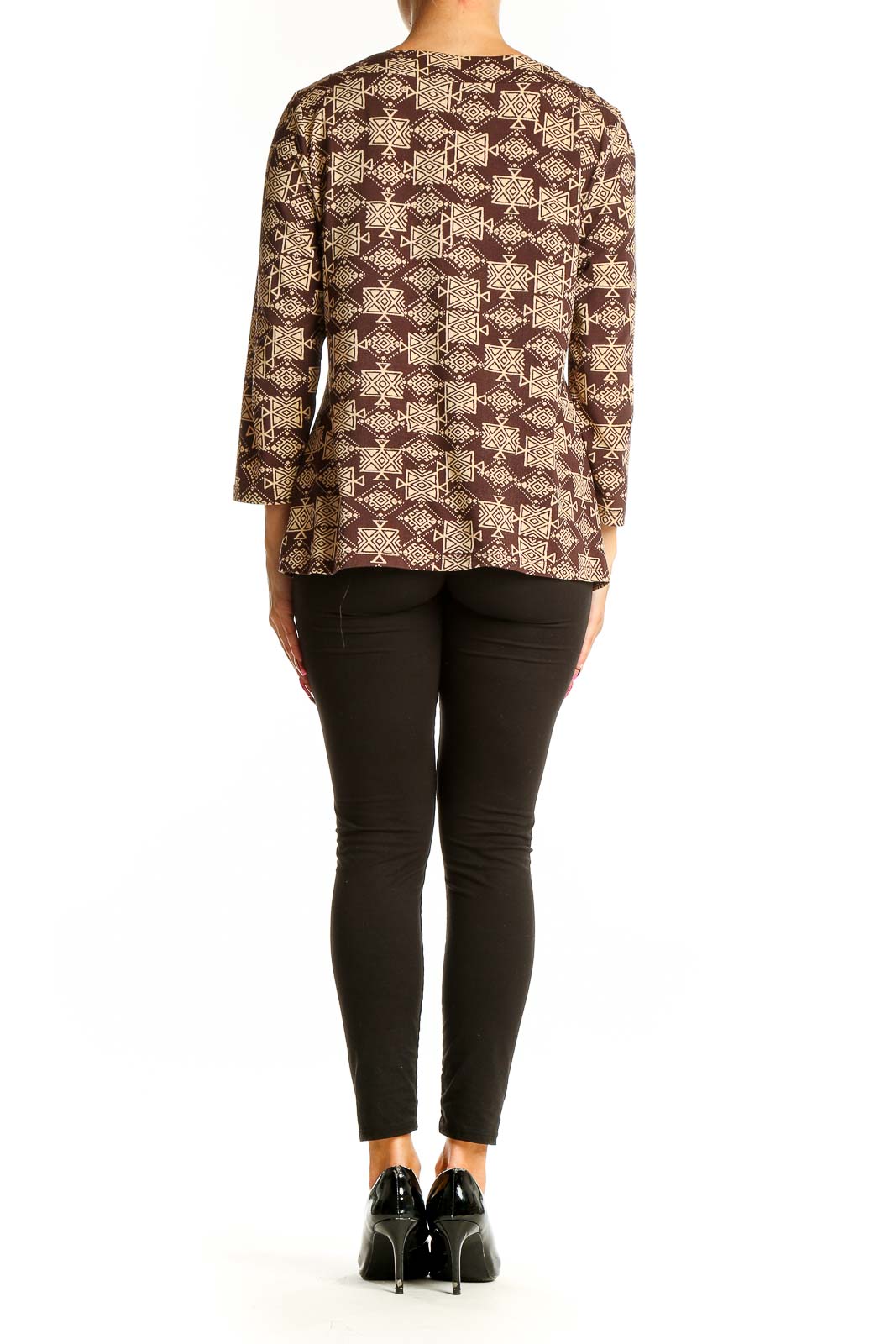 Back view of INC brown geometric print blouse showing relaxed fit