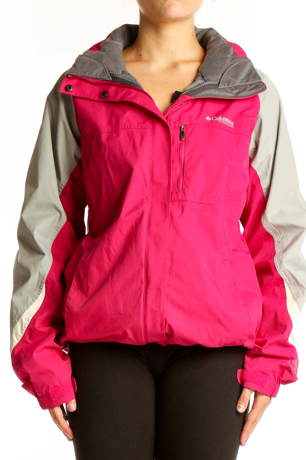 Front view of pink and gray Columbia nylon jacket with chest pocket