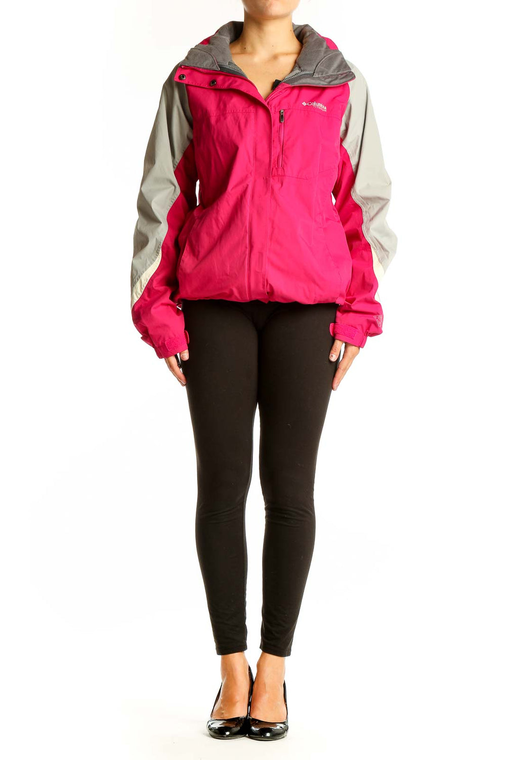 Front view of pink and gray Columbia nylon jacket with chest pocket