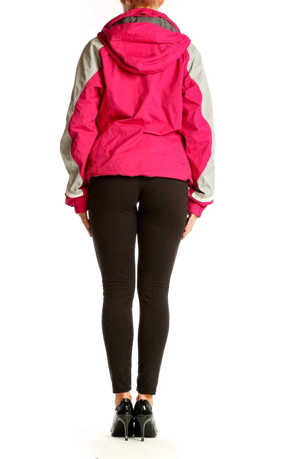 Side view of pink Columbia jacket with gray sleeves and high collar
