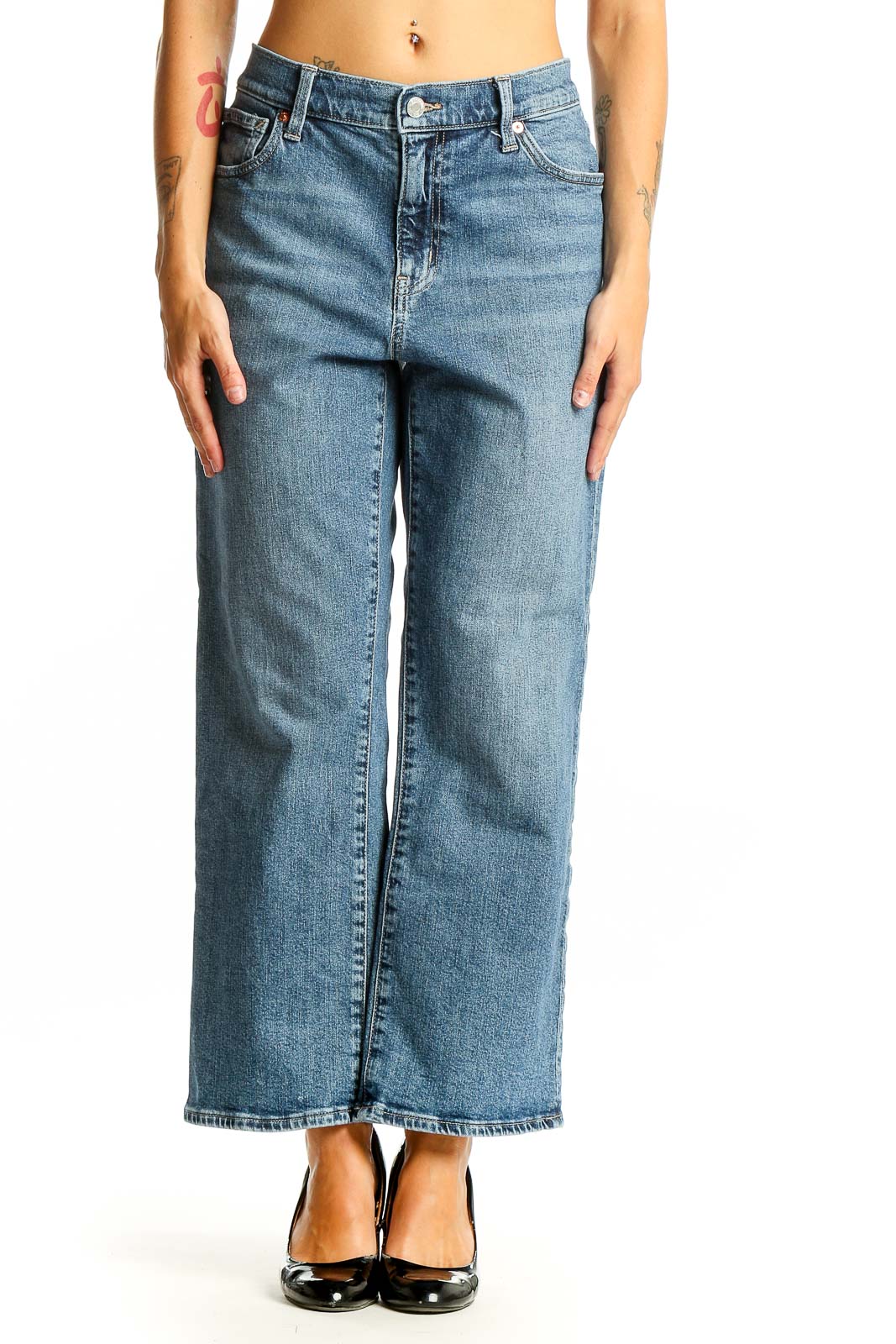 Front view of Gap blue wide-leg jeans on model
