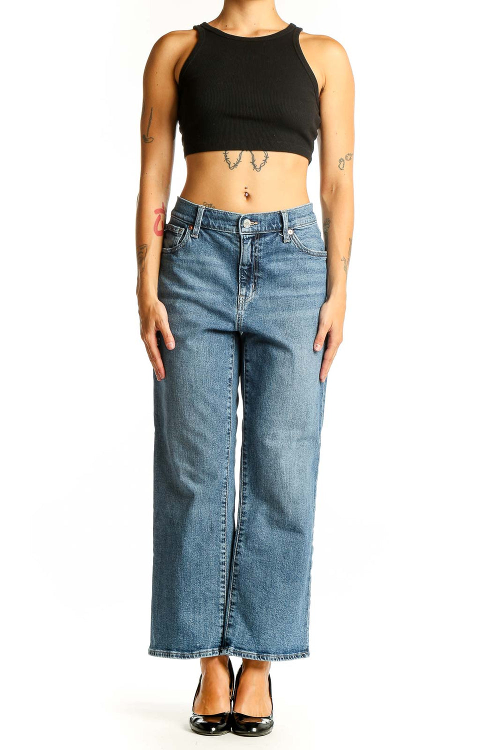 Front view of Gap blue wide-leg jeans on model