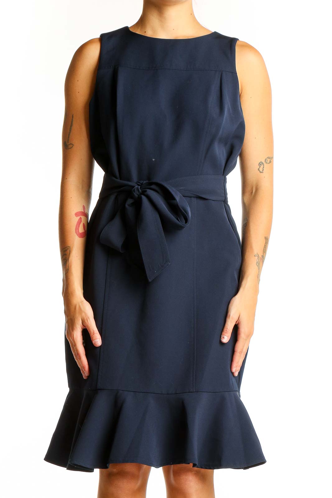 Front view of London Times navy sleeveless dress with flounce hem and waist tie