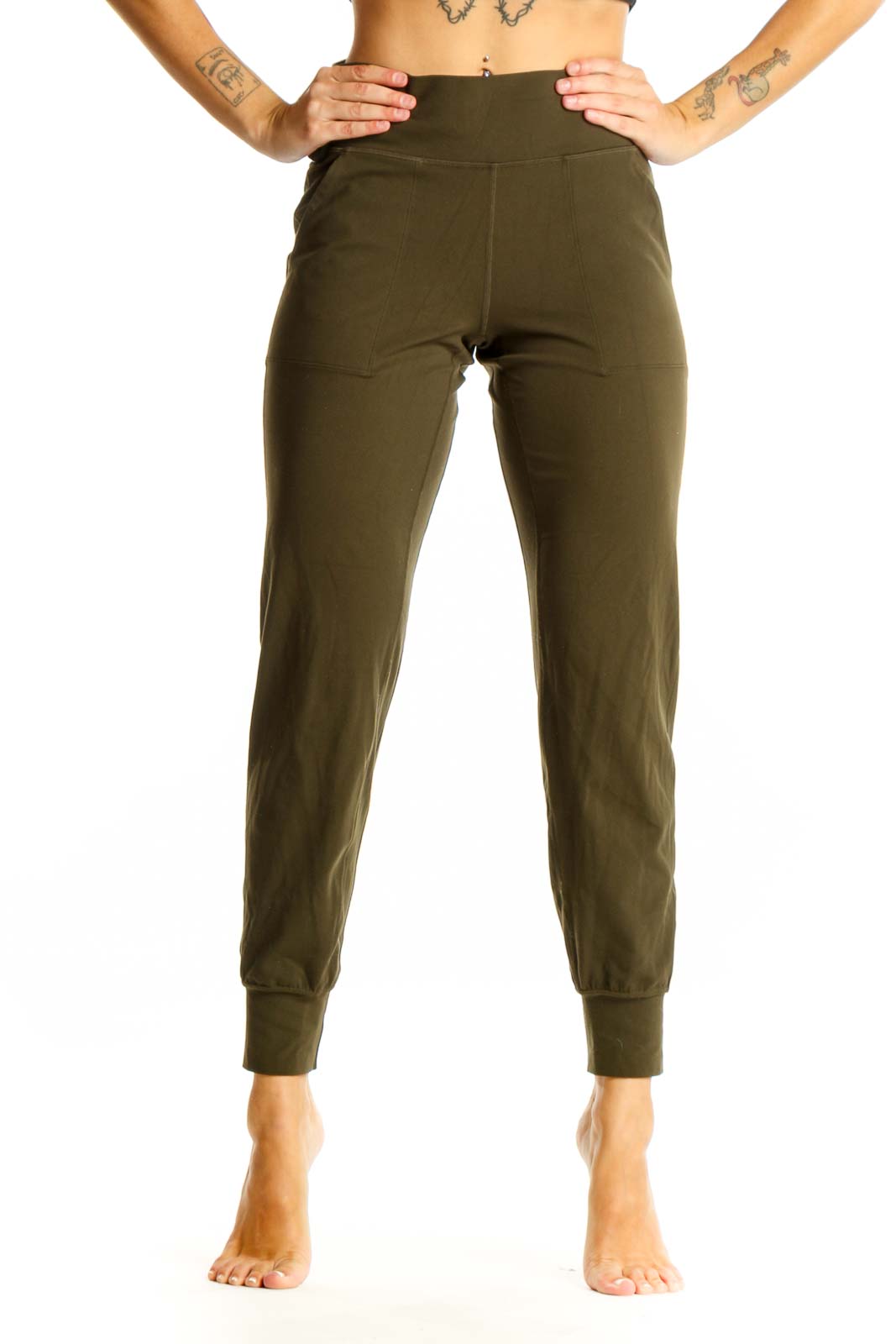 Front view of olive green Lululemon spandex jogger pants