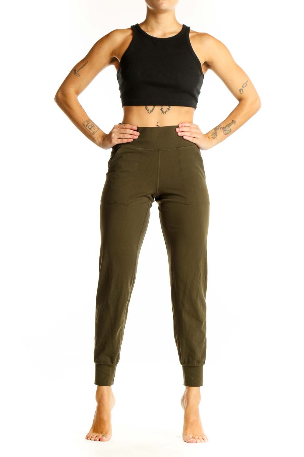 Front view of olive green Lululemon spandex jogger pants