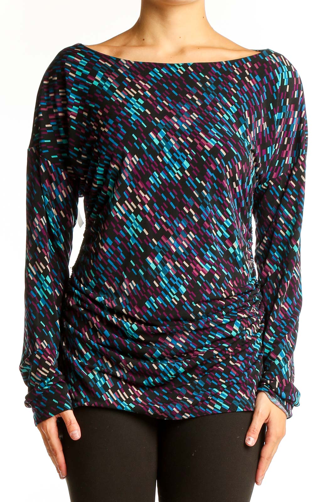 Front view of Vince Camuto multicolor abstract print long sleeve top