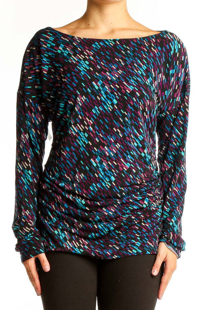 Front view of Vince Camuto multicolor abstract print long sleeve top