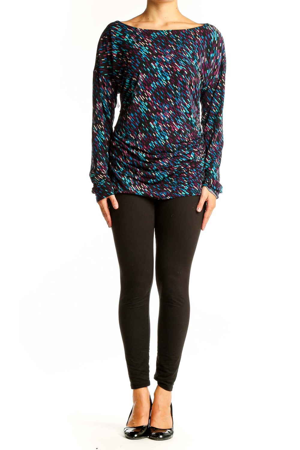 Front view of Vince Camuto multicolor abstract print long sleeve top