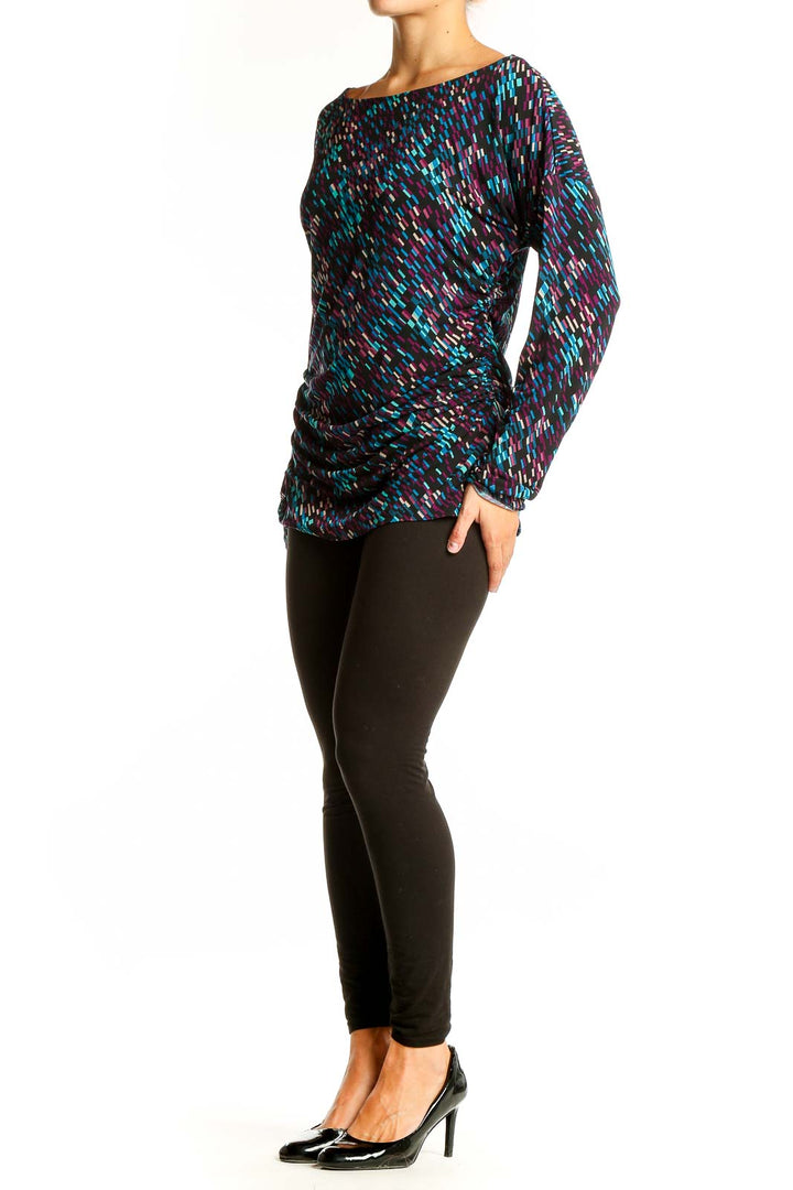 Front view of Vince Camuto multicolor abstract print long sleeve top