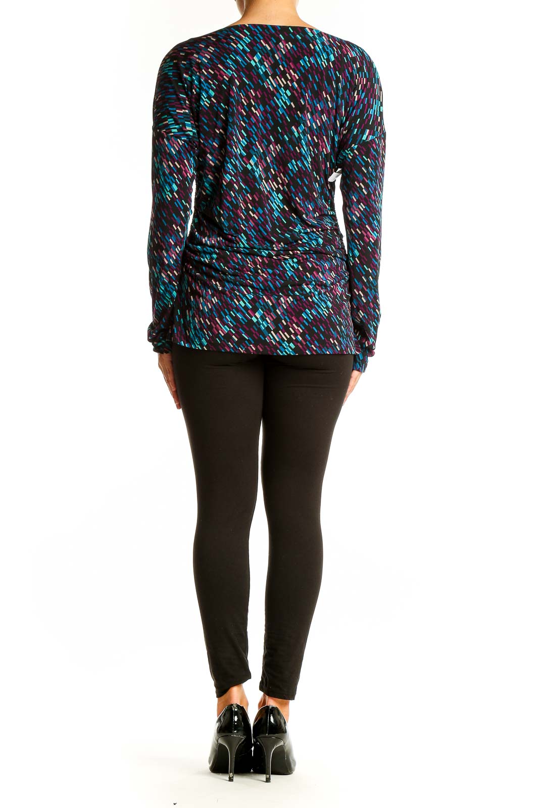 Side view of Vince Camuto multicolor abstract print long sleeve top on model