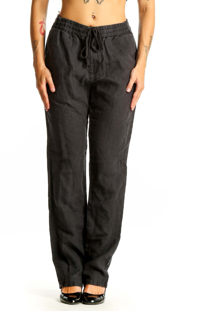 Front view of Vince black hemp pants with drawstring waist
