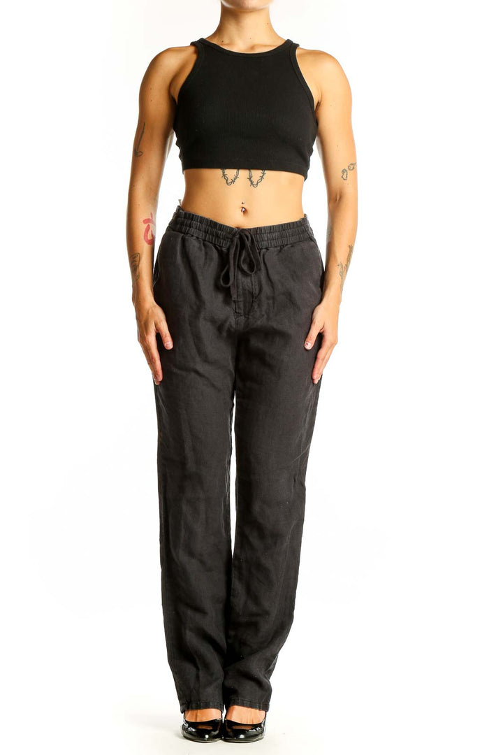 Front view of Vince black hemp pants with drawstring waist