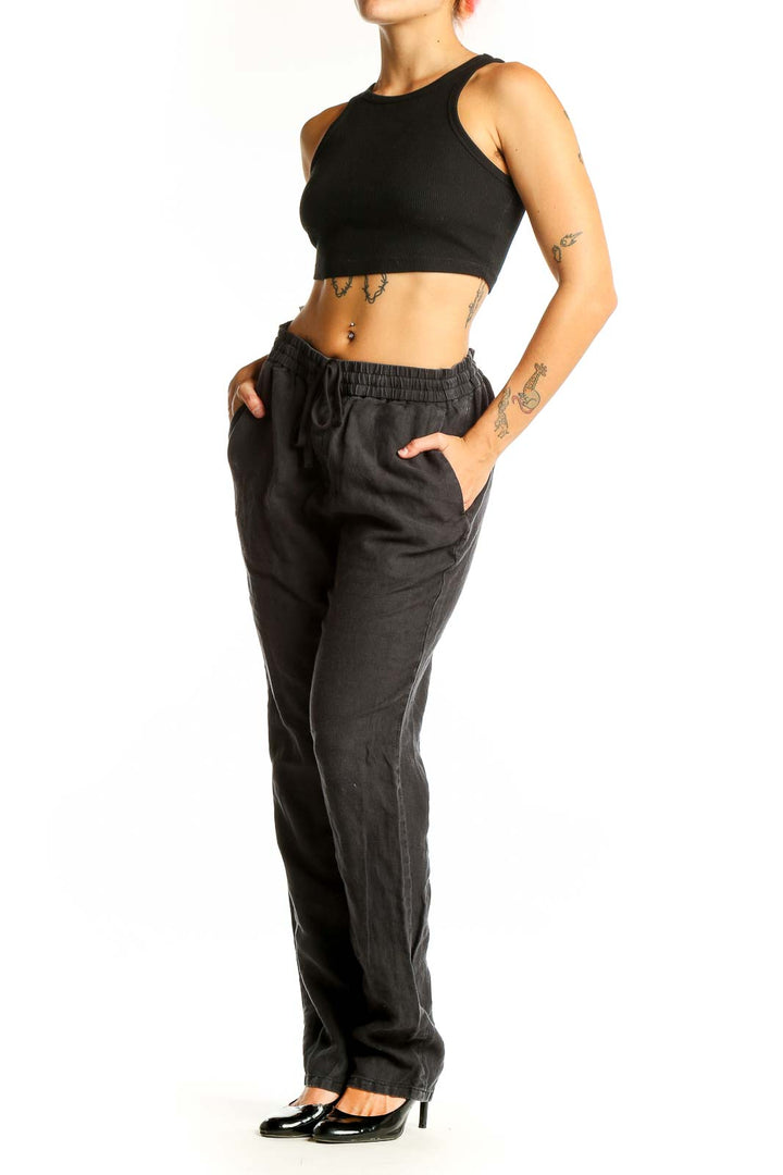 Front view of Vince black hemp pants with drawstring waist