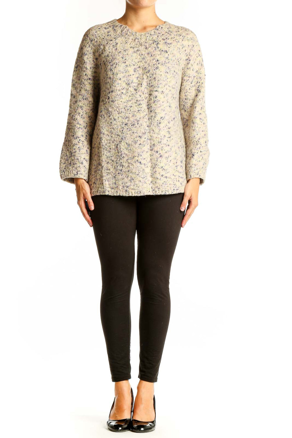 Front view of Lou & Grey beige speckled oversized knit sweater