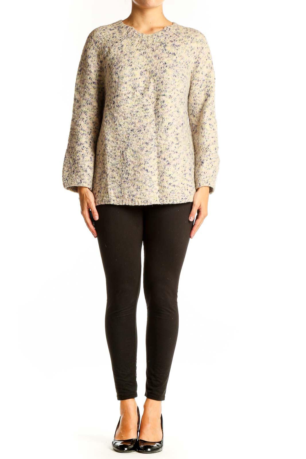 Front view of Lou & Grey beige speckled oversized knit sweater