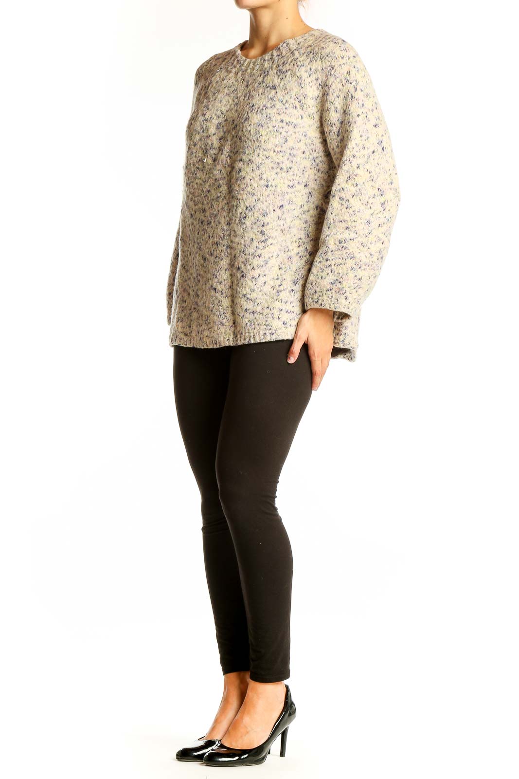 Front view of Lou & Grey beige speckled oversized knit sweater