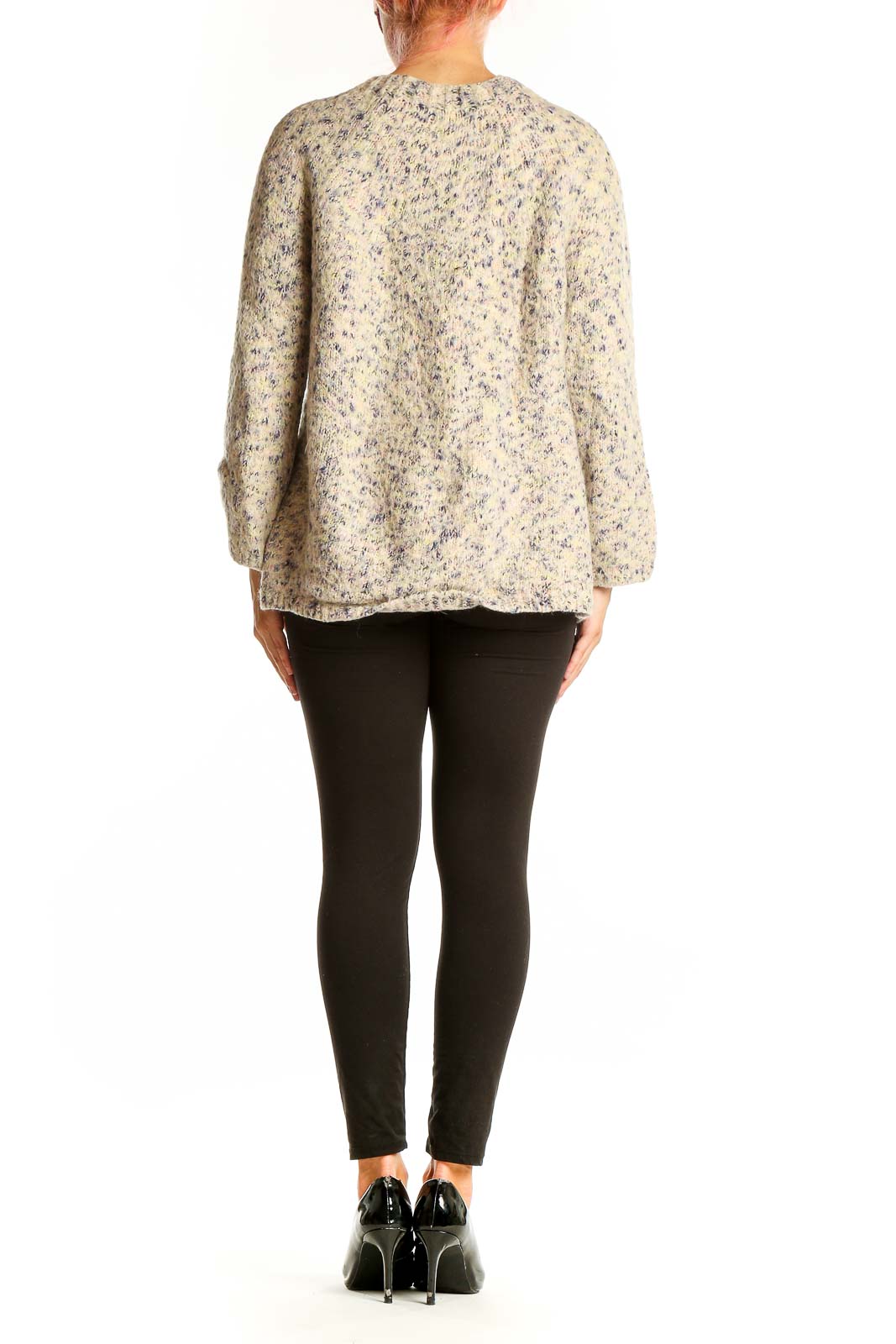 Side view of Lou & Grey beige speckled oversized knit sweater on model
