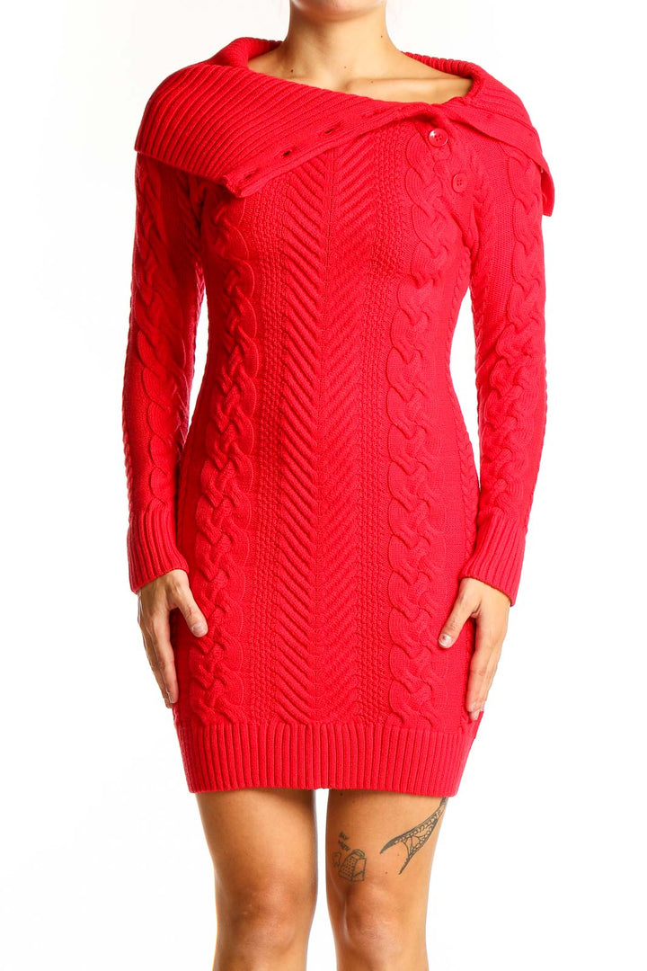 Front view of red cable knit sweater dress with asymmetrical collar