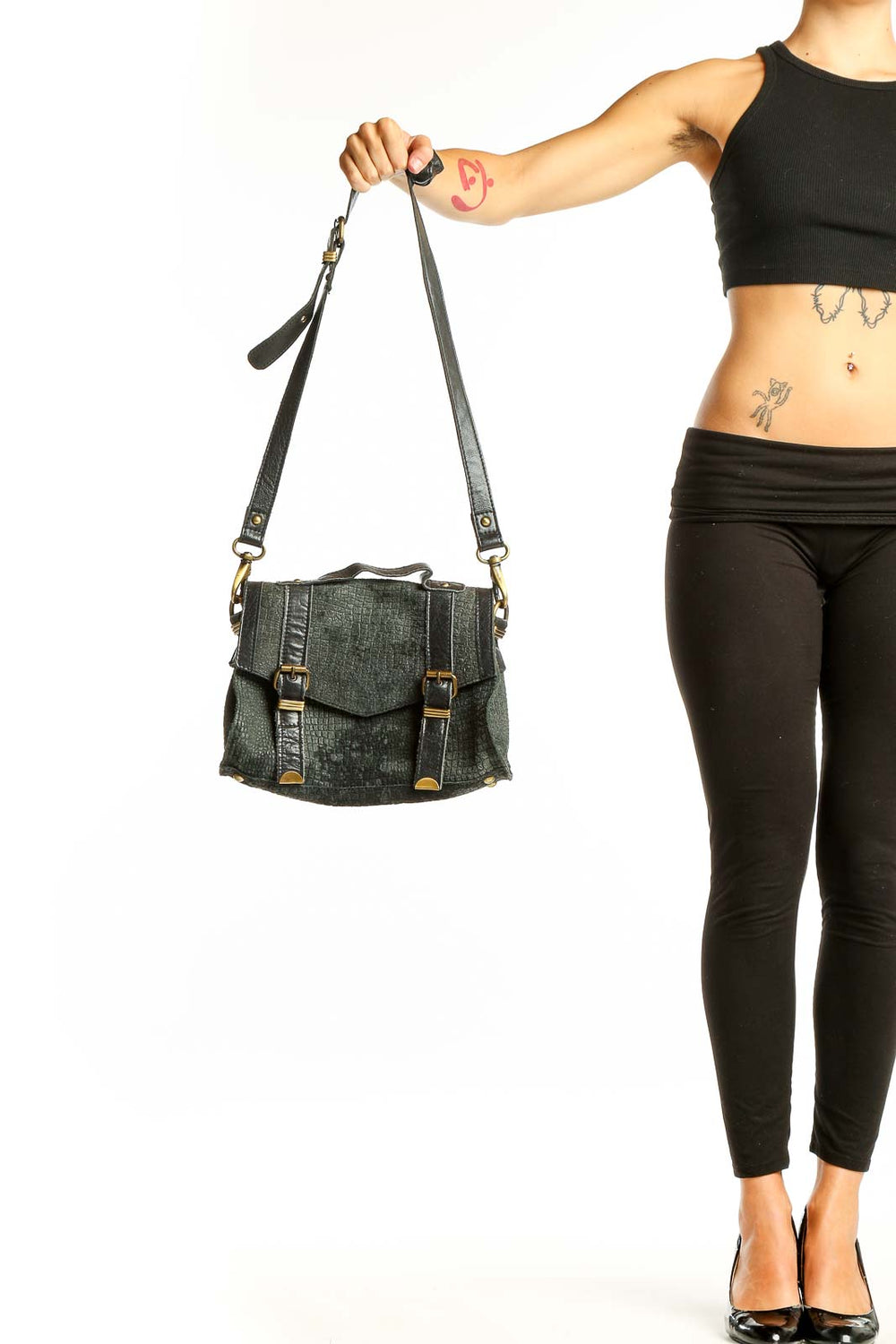 Front view of dark green leather Topshop messenger bag with gold hardware