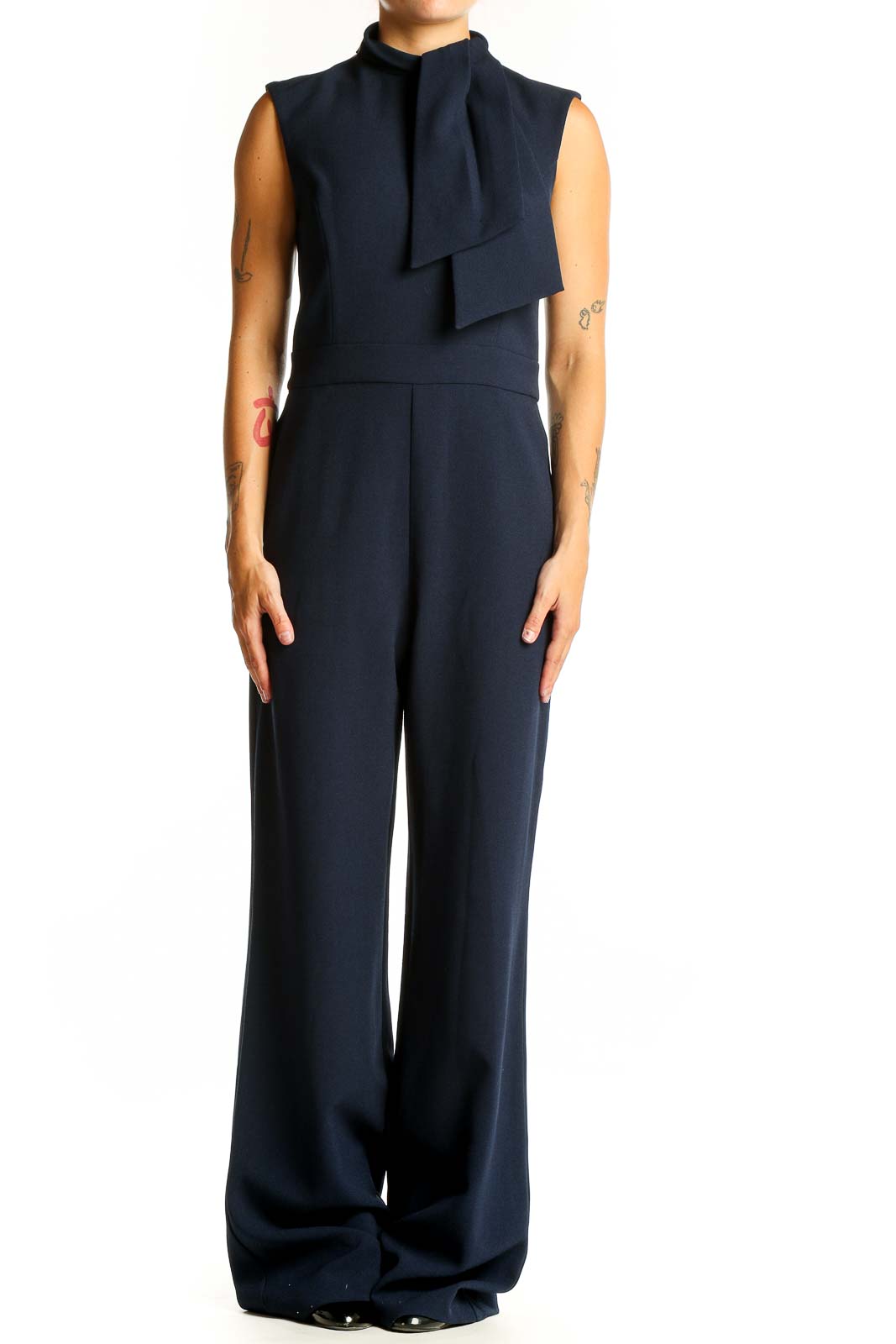 Front view of Harper Rose navy sleeveless jumpsuit with draped neck detail