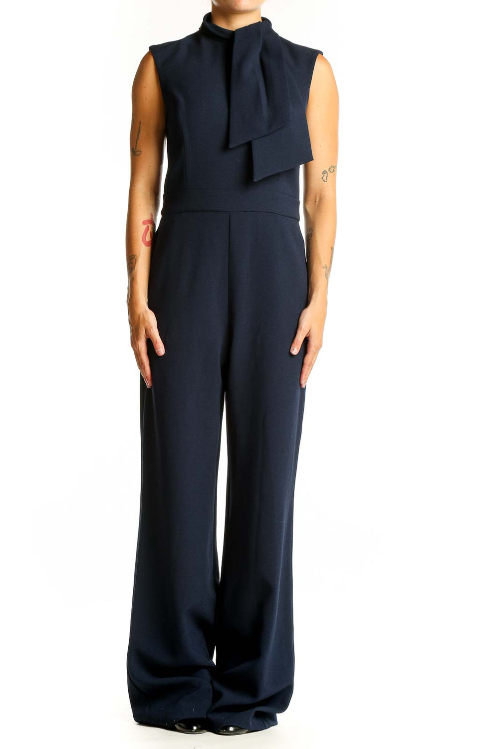 Front view of Harper Rose navy sleeveless jumpsuit with draped neck detail