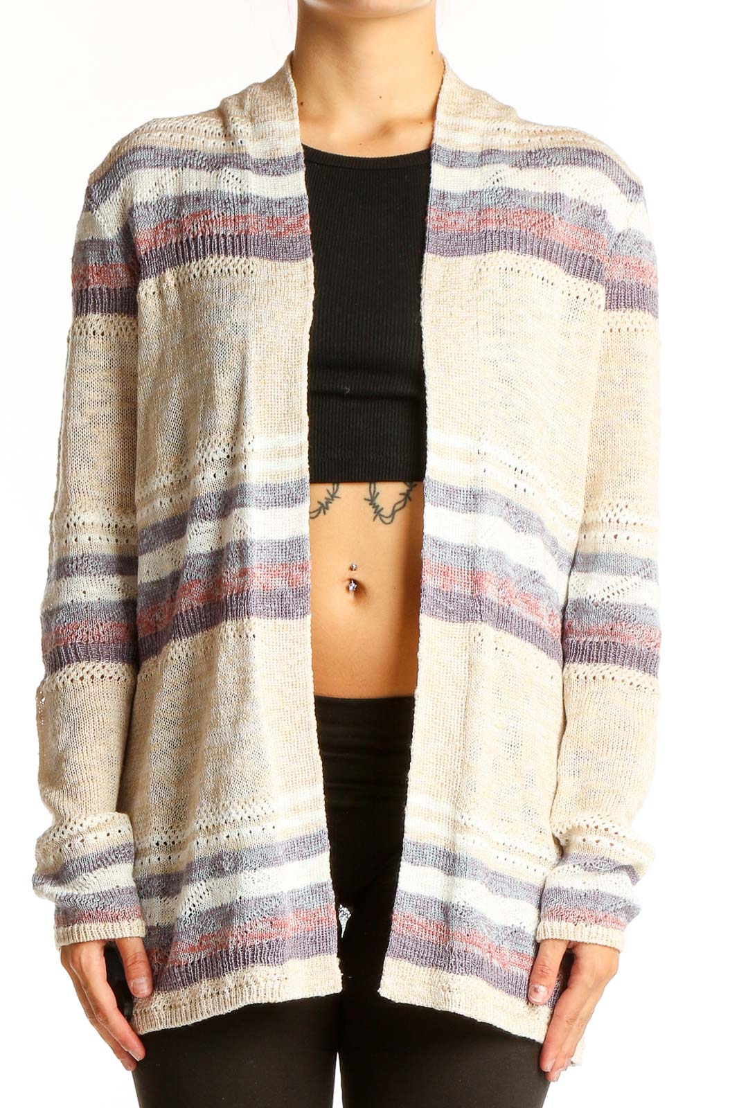 Front view of Lety & Me cream striped open front cardigan