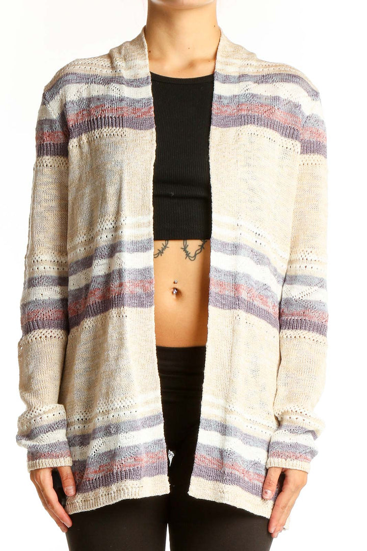 Front view of Lety & Me cream striped open front cardigan