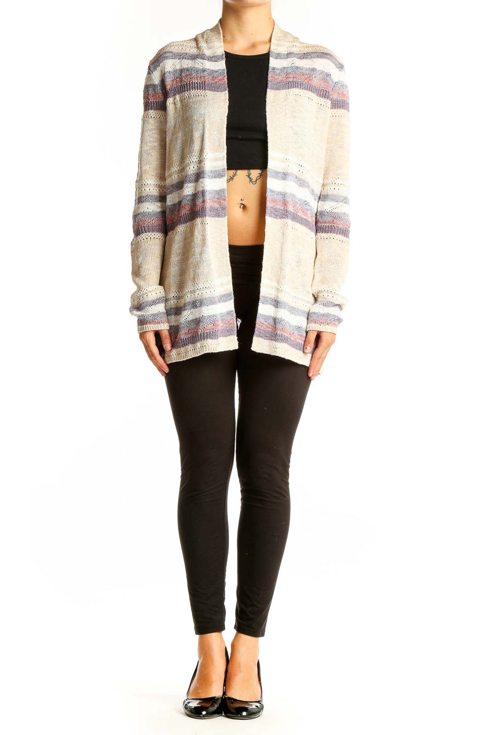 Front view of Lety & Me cream striped open front cardigan