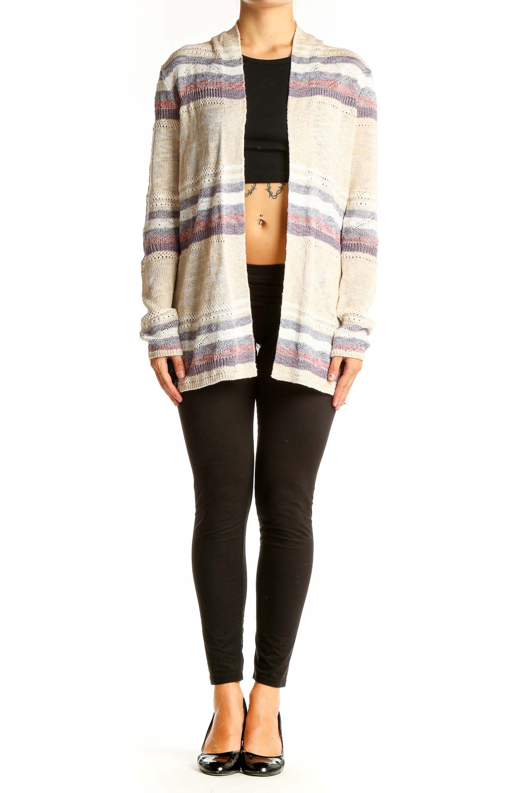 Front view of Lety & Me cream striped open front cardigan