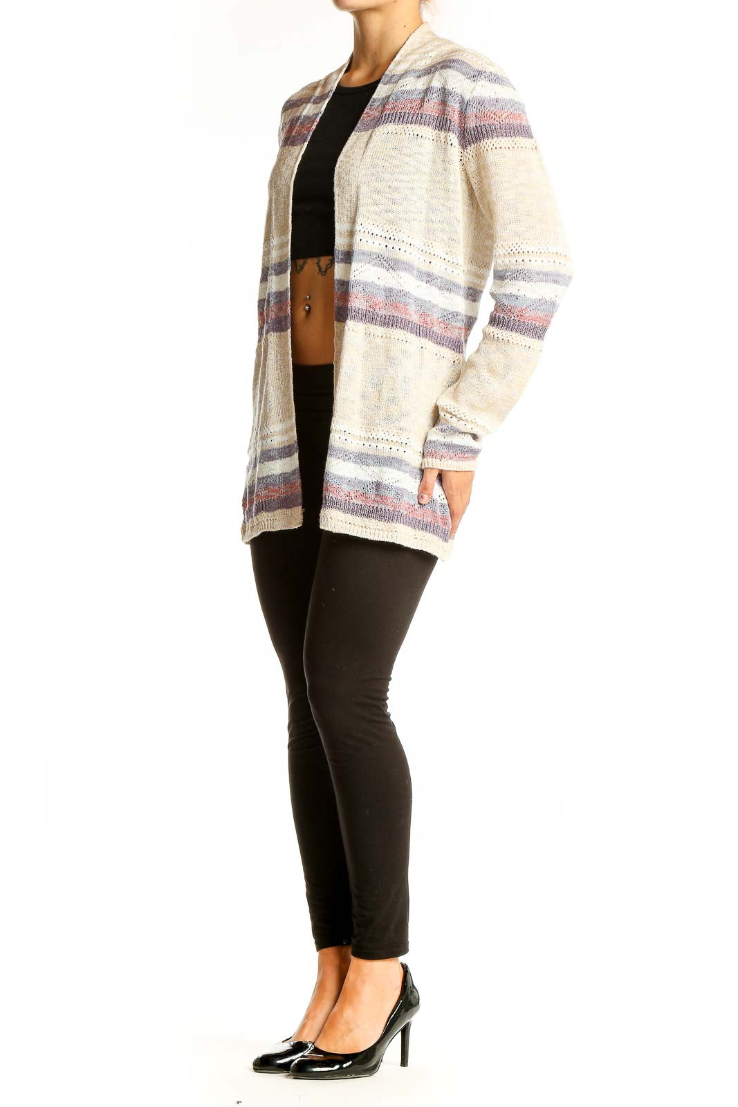 Front view of Lety & Me cream striped open front cardigan