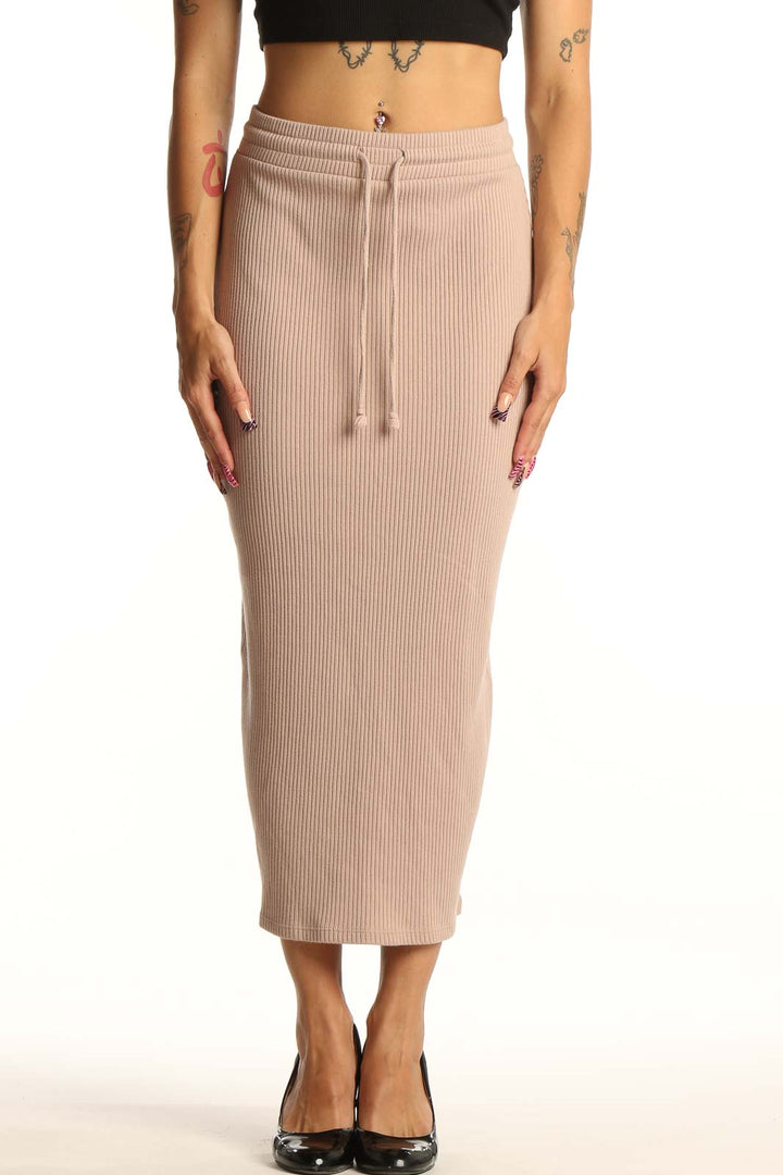 Front view of Zara beige ribbed midi skirt with drawstring waist