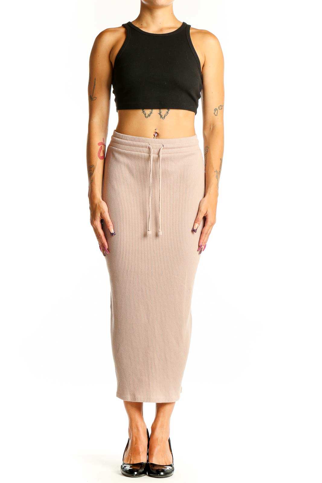 Front view of Zara beige ribbed midi skirt with drawstring waist