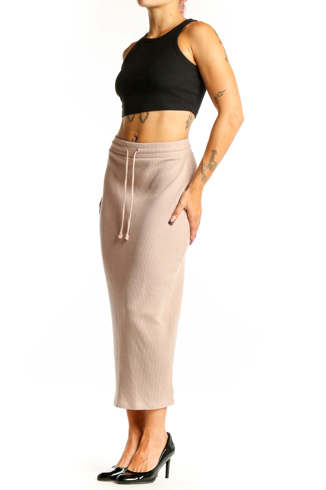 Front view of Zara beige ribbed midi skirt with drawstring waist