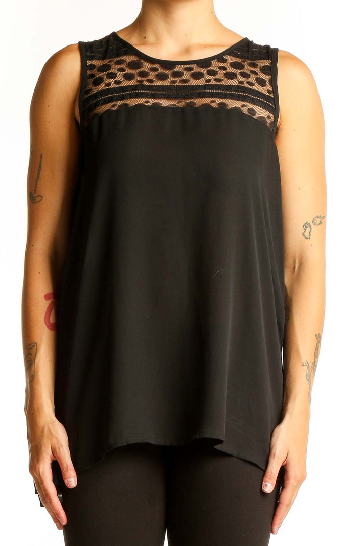 Front view of Papermoon Black Sleeveless Top with Polka Dot Mesh Panel